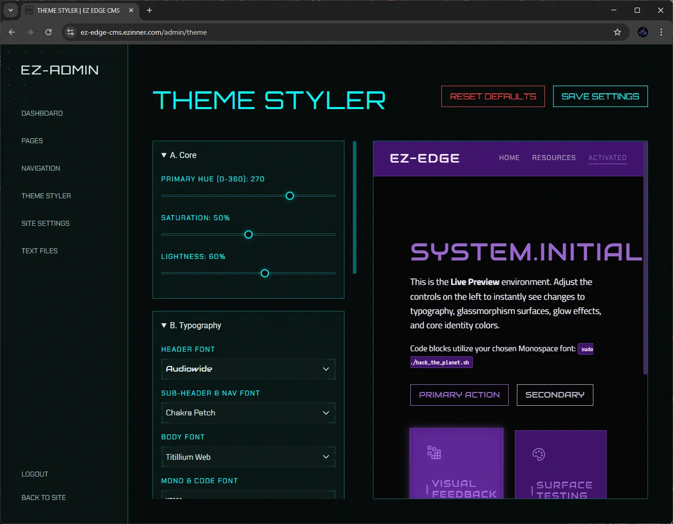 Theming screen