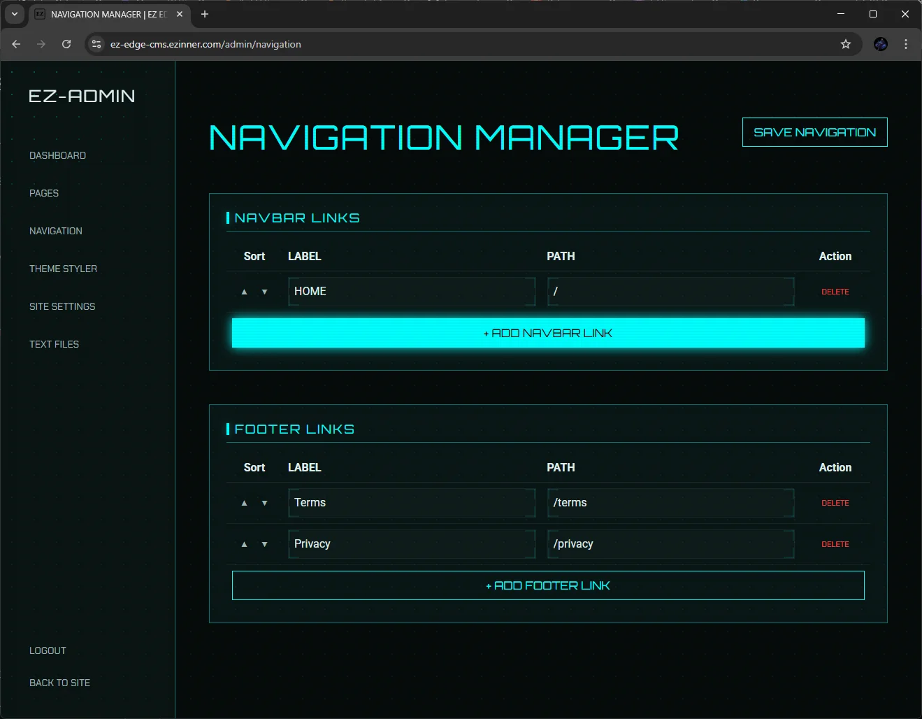 Navigation editor screen